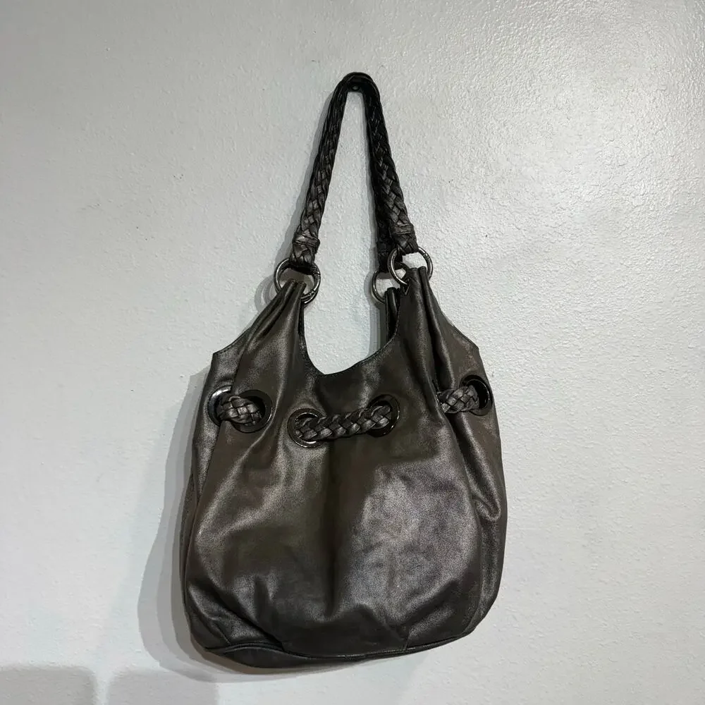 Michael Kors Metallic Silver Leather Drawstring Hobo Shoulder Bag Large